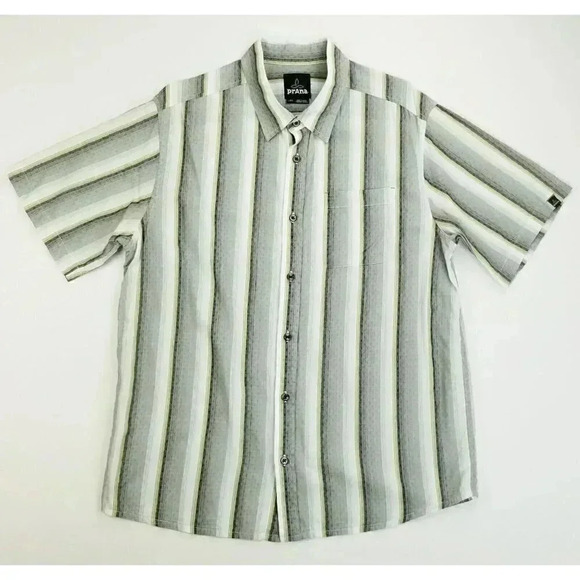 Prana Size Large Mens Olive Green White Gray Stripe Sleeve Logo Tag Short Sleeve - Picture 1 of 11